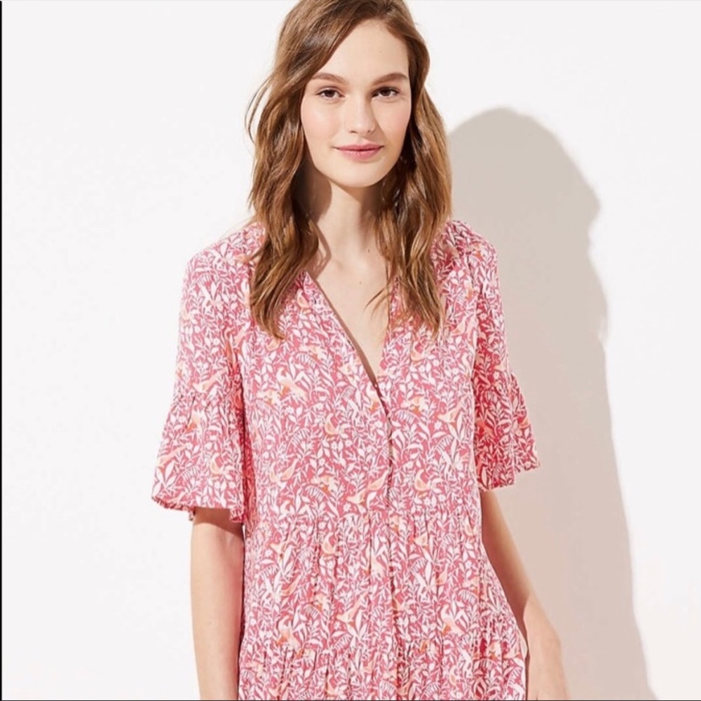 LOFT Pink Floral Dress Birds M